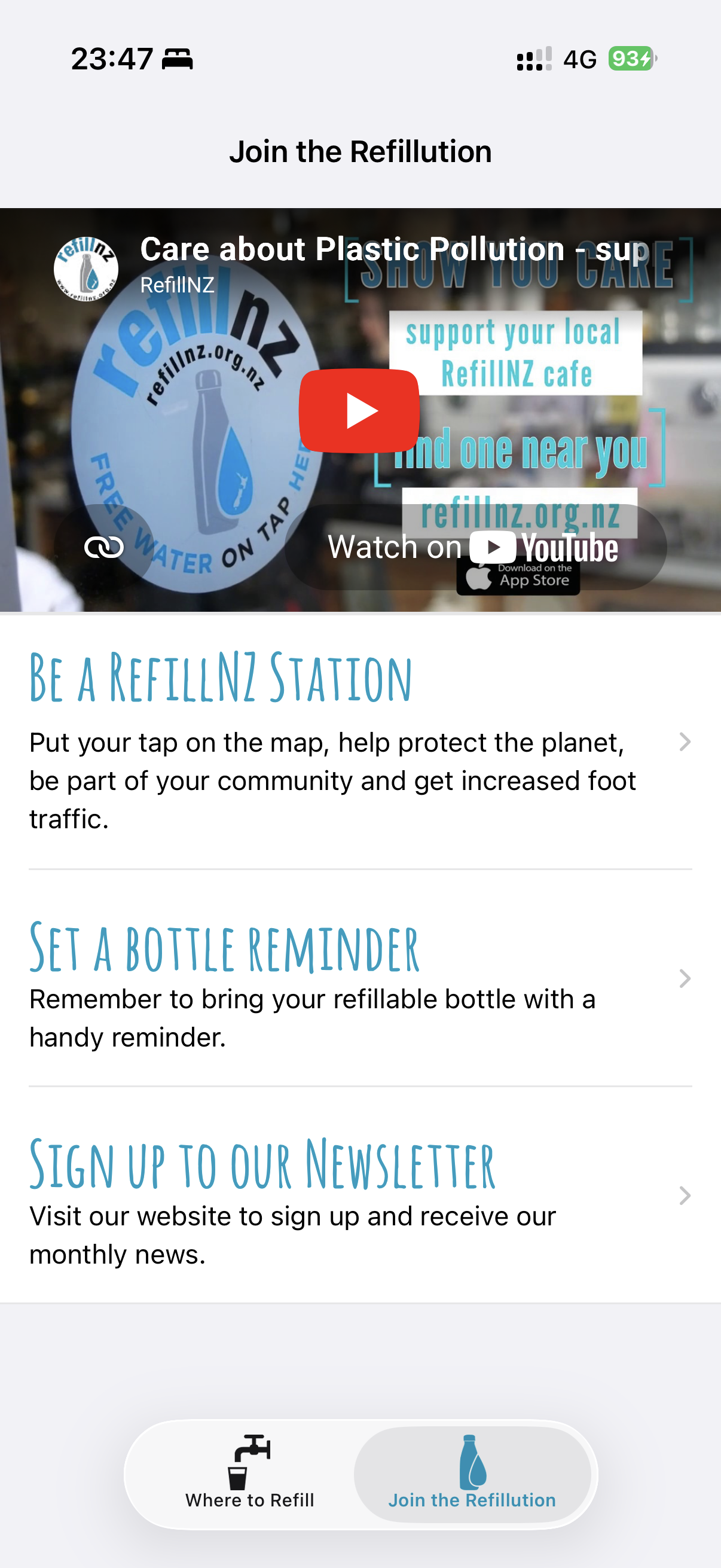 RefillNZ secondary screen